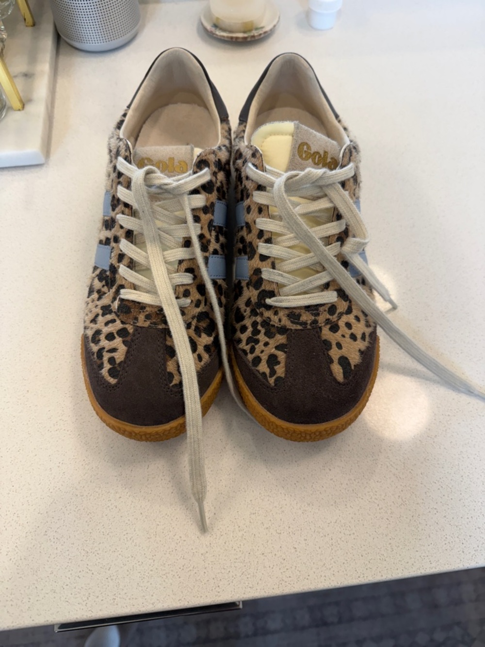 Gola Leopard Print Sneakers with Gum Soles and Light Blue Stripes - Picture 4 of 4